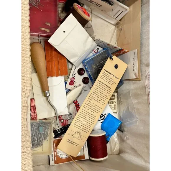 Vintage Sewing Basket Kit Wicker Box w Supplies Needles Thread Buttons Crochet - Picture 4 of 10